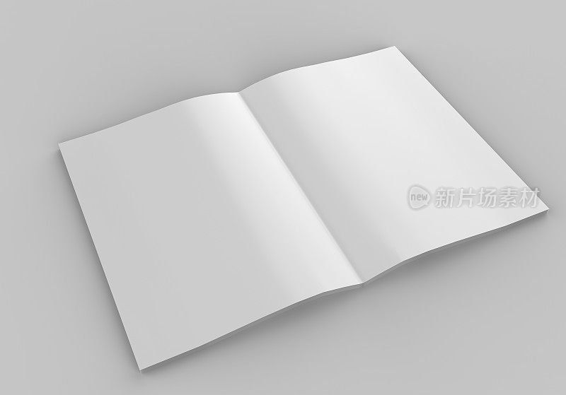 空白白色打开的目录，杂志，书的模拟和模板设计在灰色的背景。3 d渲染插图。